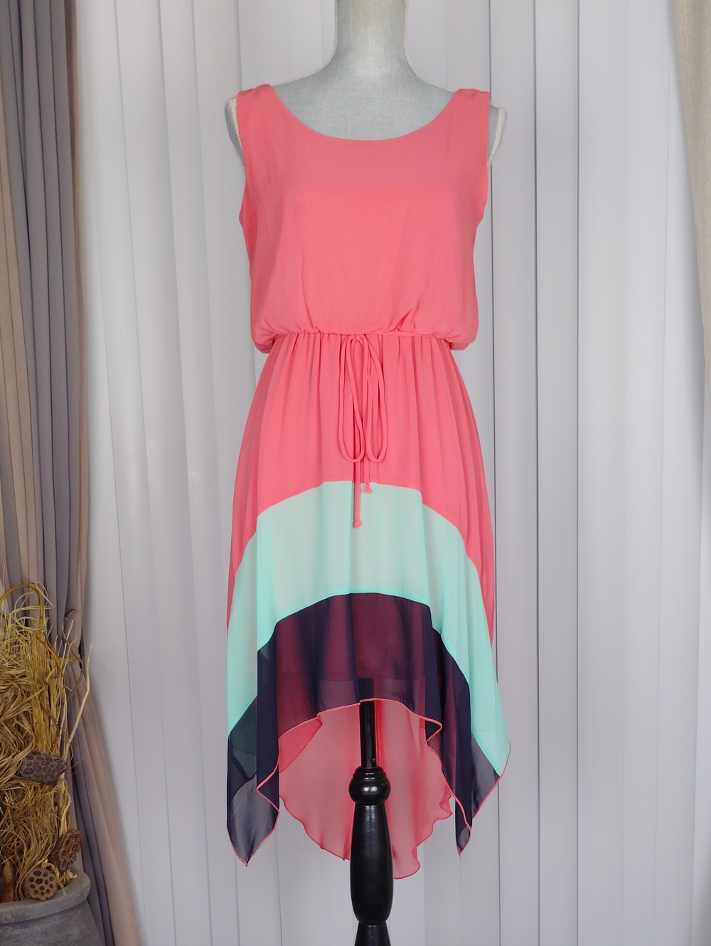 Sweet Storm Sleeveless Coral High-Low Colorblock Dress.